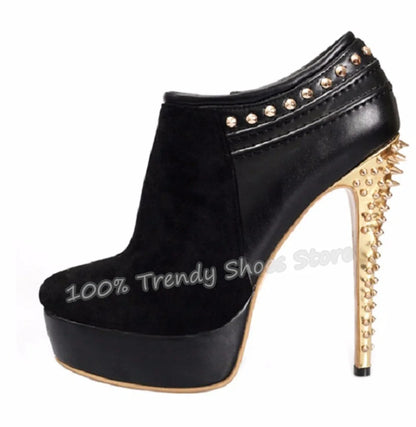 Gold Spikes Rivet Stiletto High Heel Ankle Boots Women Platform Faux Suede Patchwork Side Zipper Short Boots Plus Size 34-46