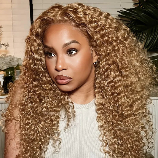 #27 Honey Blonde Curly Human Hair Wig 13X6 Deep Wave Frontal Wig 30 36 Inch 13X4 Hd Transparent Lace Front Colored Wigs