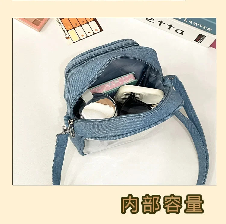 New Denim Ulzzang Ita Bags Female Transparent Badge Doll Show Crossbody Shoulder Bag Individuality Designer 2 Sides Bolso Mujer
