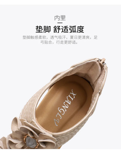 High quality leather flat sandals for women 5cm mid heel flower summer 2026 36 42 open toe vintage beach shoe black pink beige
