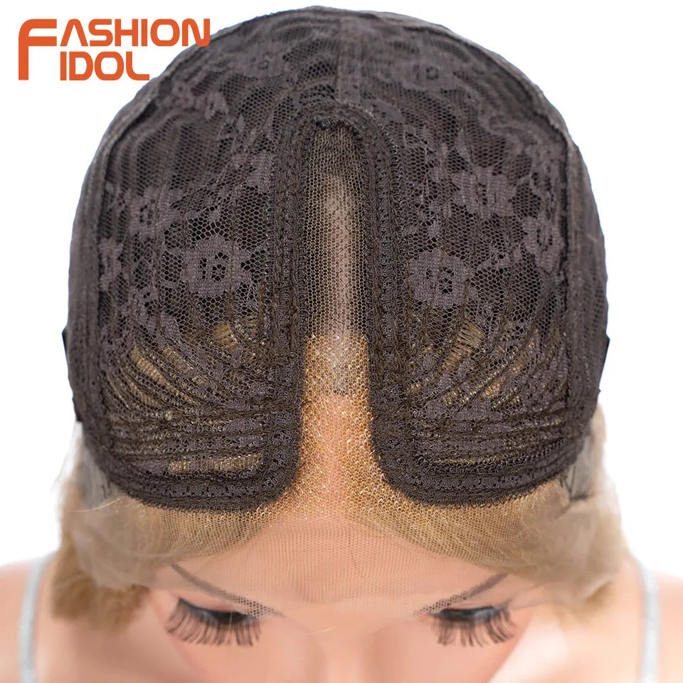 FASHION IDOL 26inch/65cm Straight Hair Lace Front Wigs Synthetic Hair Ombre Blonde Brown Hair Wigs Cosplay Heat Resistant Fiber