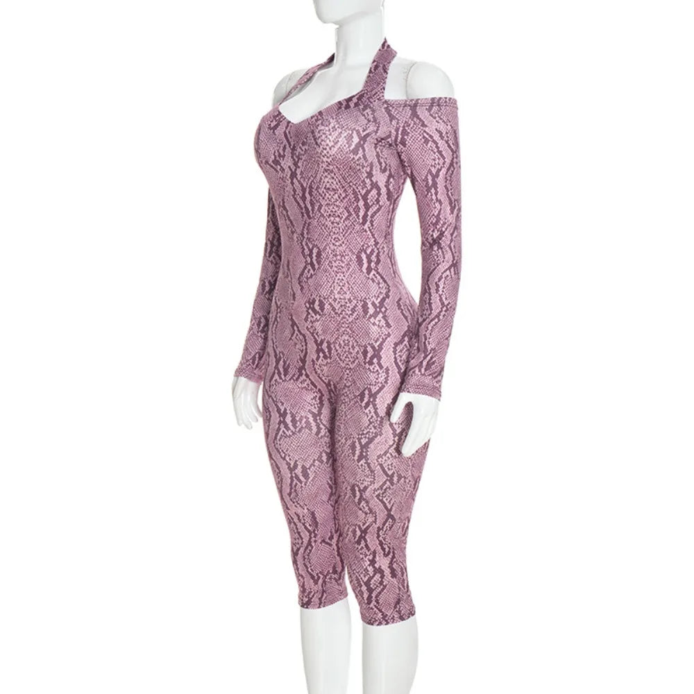 FLARORA Sexy Serpentine Print Jumpsuits Woman Halter Off-shoulder Full Sleeve Skinny Peach Hip Playsuits Hottie Party Clubwear
