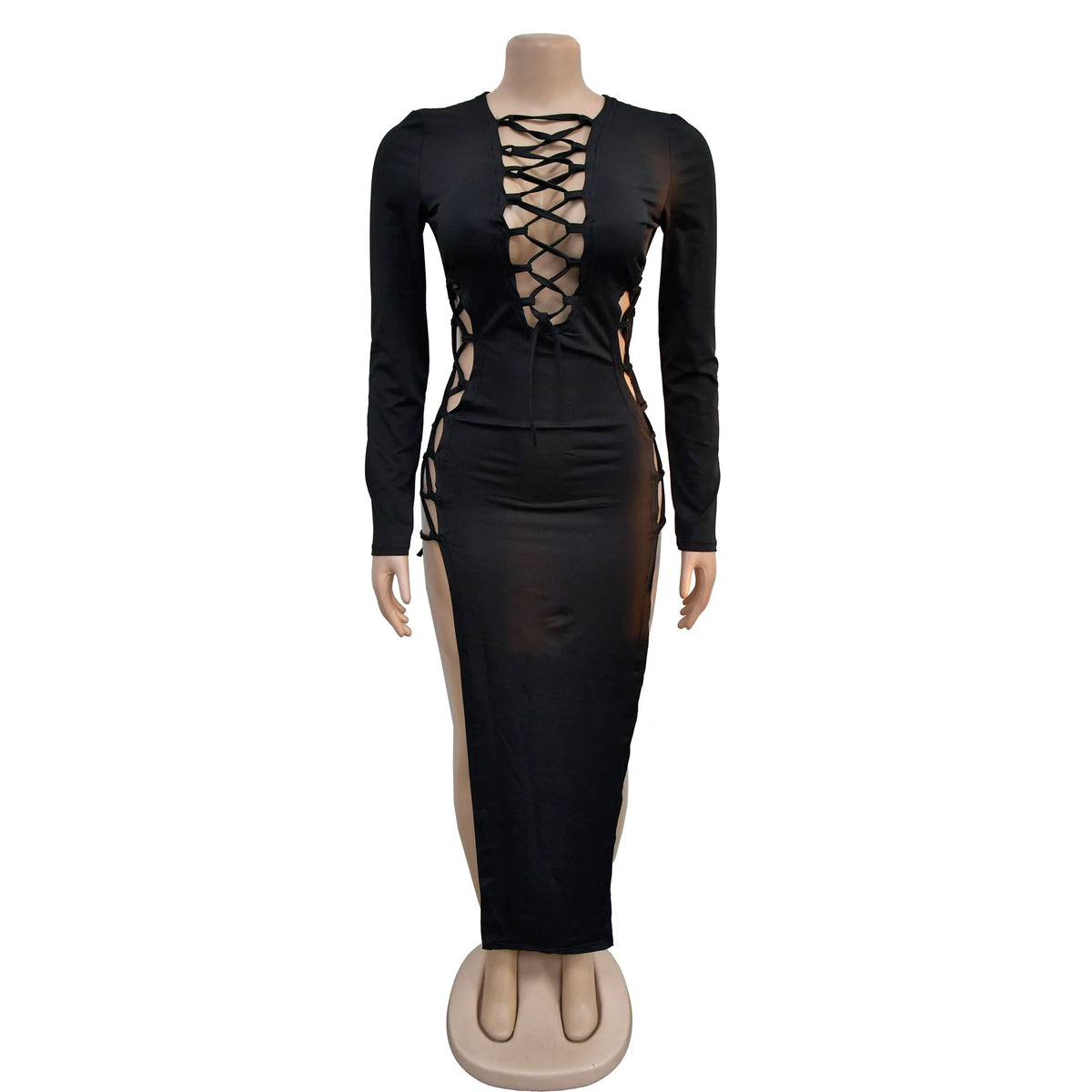 HLJ Sexy Solid Hollow Out Bandage Slit Bodycon Mid Dresses Women Round Neck Long Sleeve Slim Vestidos Fashion Party Club Clothes