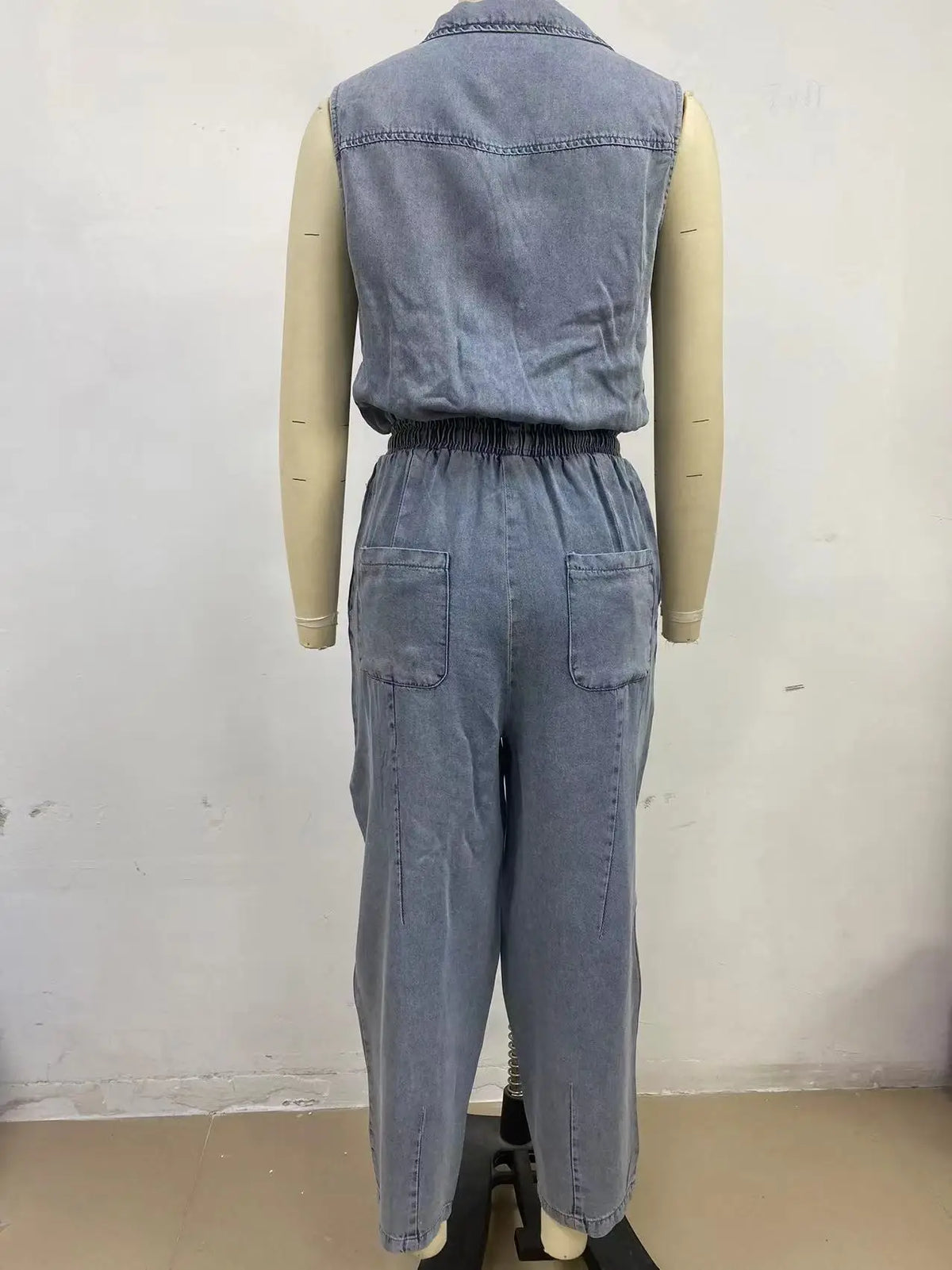 Women Jumpsuits Sleeveless Denim Pants One Piece Drawstring Pockets Rompers Solid Spliced Casual Button Jeans Overalls