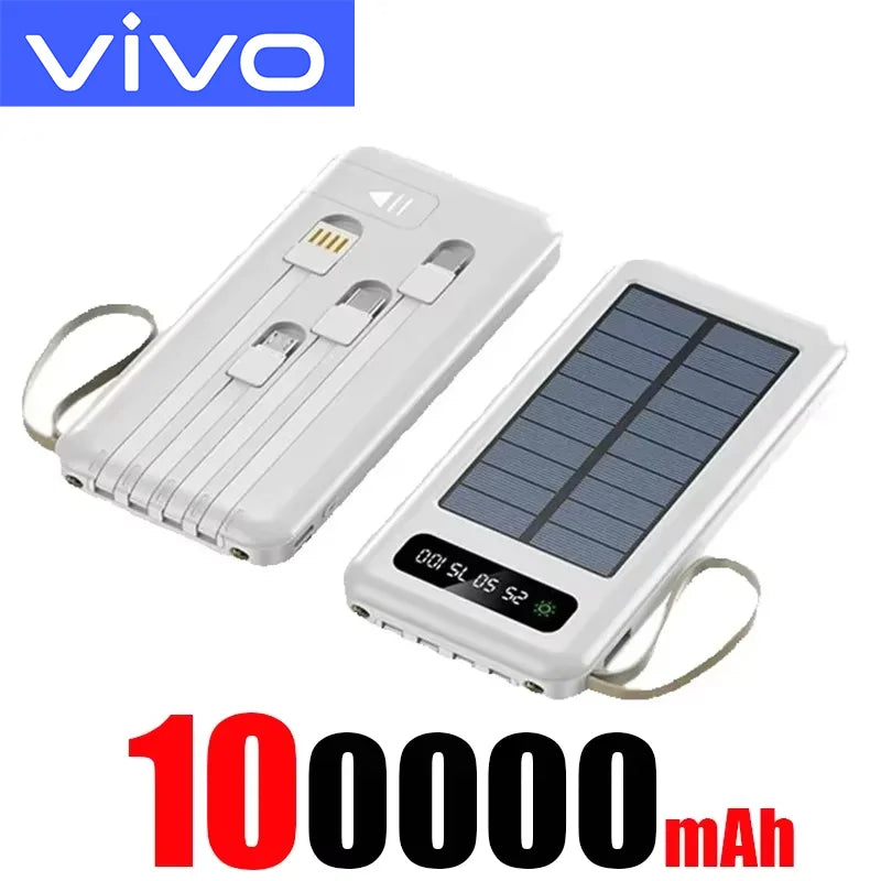 VIVO 200000mAh Solar Power Bank Large Capacity Mobile Power Fast Charging Battery Dual USB 4 Cables For iPhone Samsung Huawei