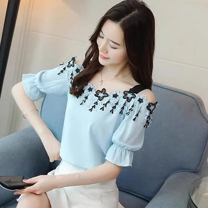Women Summer Blouses 2024 Short Sleeve Chiffon Women Blouse Shirt Sexy Slash Neck Off Shoulder Top Womens Tops And Blouses B155