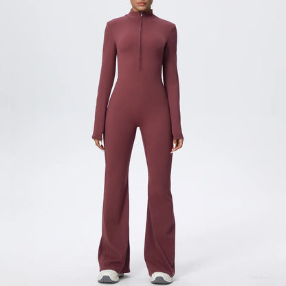 Women Long Sleeve Flare Workout Zip Up Romper Bottom Pants Wide Leg Bodysuit Bodycon One Piece Jumpsuit Activewear XP27