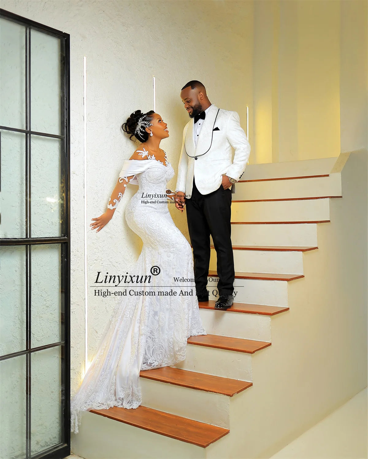 Shiny Diamond Mermaid Wedding Dresses With Appliques Lace Bridal Vestido De Novia Customized Off Shoulder African Bride Gowns