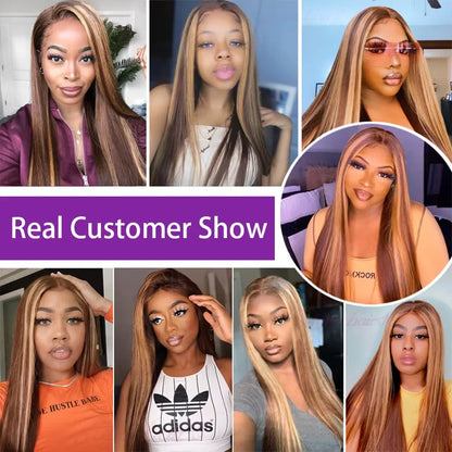 4/27Highlight Straight Lace Front Wig Human Hair 13x6 Lace Frontal Wigs Brazilian Honey Blonde Colored Wigs Remy 100% Human Hair