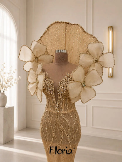 2026 Modern Champagne Prom Dress Women's Formal Wedding Party Gowns Customized Sweep Train Mermaid Celebrity Dress 3D Leaf Gown