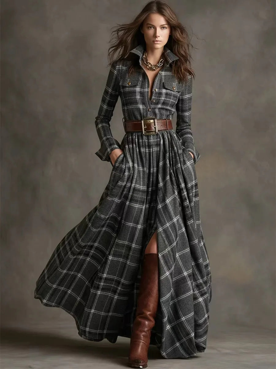 Autumn Vintage Long Sleven Dress for Women Plaid Print Shirt Maxi Dress Vacation Female Elegant Belt Loose Pocket A-line Dresses