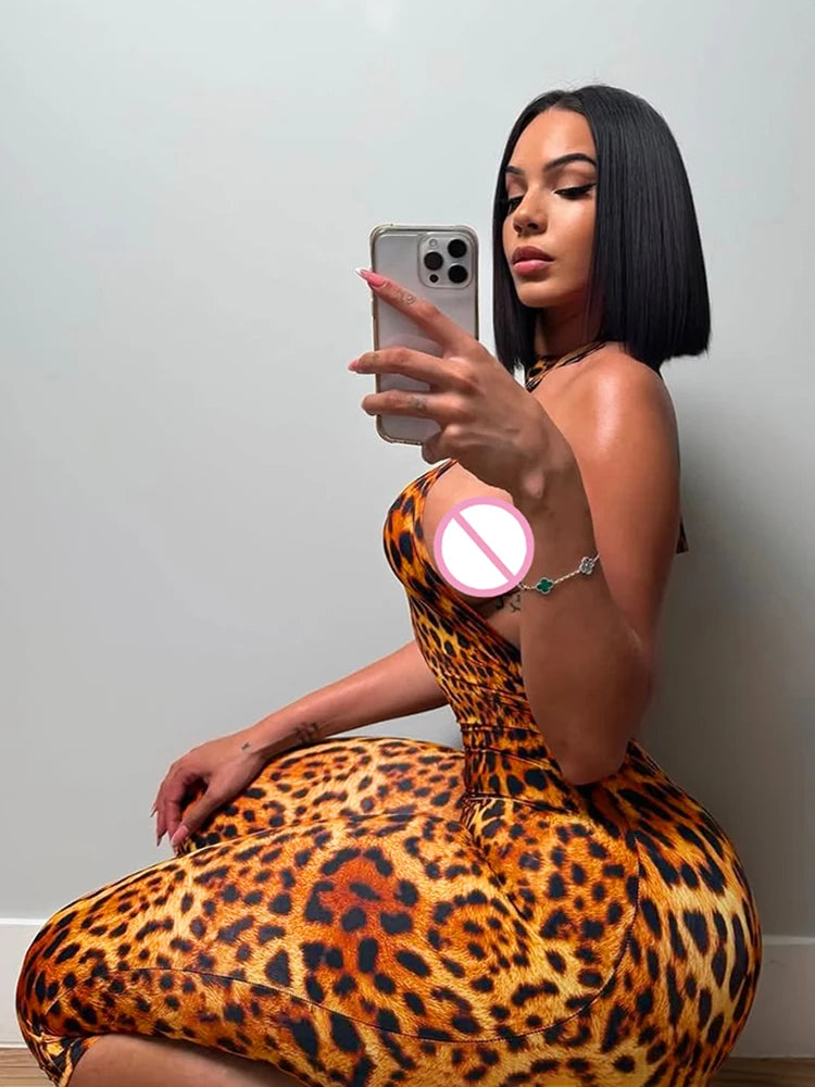 Kliou Colorful Print Playsuits Woman Bandage Halter Backless Skinny Peach Hip Female Midnight Club Party Sexy Fashion Rompers