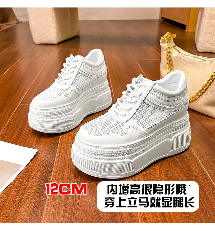 10-14cm Chunky Sneakers Women Platform Shoes Elevator Shoe White Mesh Breathable Sneakers Real Leather Increasing Shoes