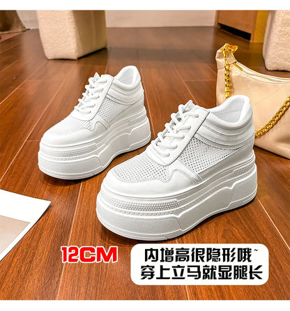 10-14cm Chunky Sneakers Women Platform Shoes Elevator Shoe White Mesh Breathable Sneakers Real Leather Increasing Shoes