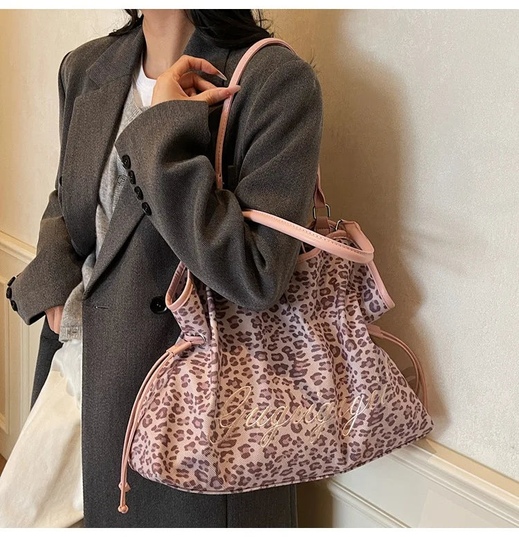 Brand Women's Shoulder Bag Y2k Fashion Sweet Polka Dot Handbag Korean Casual Versatile Leopard Print Brown Frosted Tote Bags