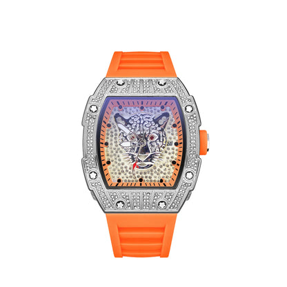 Tonneau Hollow Diamond Leopard Dial Quartz Watch Men Luxury Luminous Fashion Waterproof Rubber Sport Watches Men Steel Men Clock