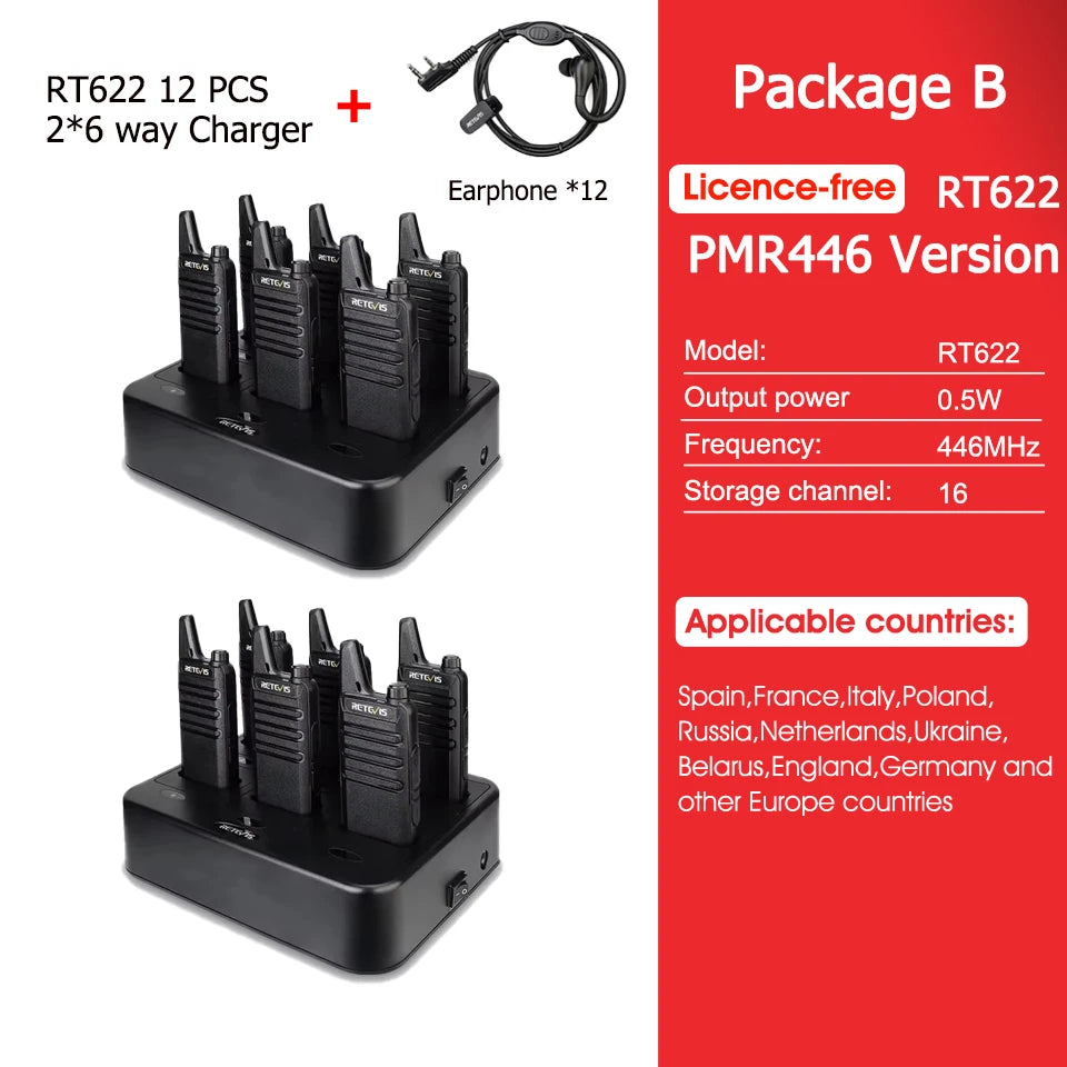 Retevis RT622 Mini Walkie Talkie 12Pcs PMR446 FRS License-free Rechargeable Two-way Radio Walkie-talkies for Hotel Restaurant