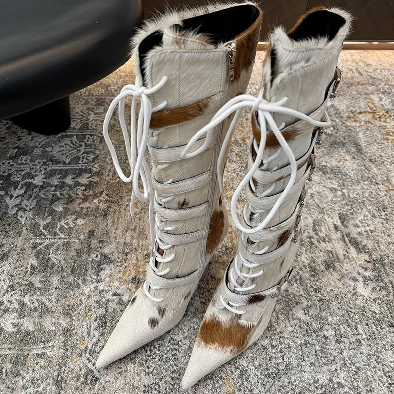 High Qaulity Horsehair Patchwork Thin High Heel Long Boots Women Pointed Toe Lace Up Sexy Fashion Women Boots For 2025 Autumn