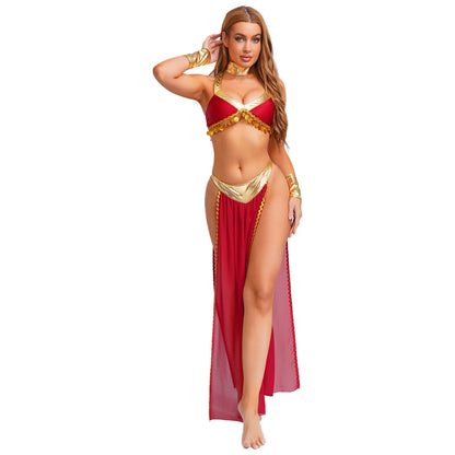 Women Ancient Egyptian Queen Cosplay Outfits with Collar Crop Top with Chiffon Skirt Metallic Shiny Indian Belly Dance