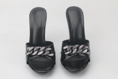 Female Summer High Heels Sexy Open Toes Slippers Luxury Rhinestone Party Dress Shoes Black Slides Sandals Women Mules Plus Size