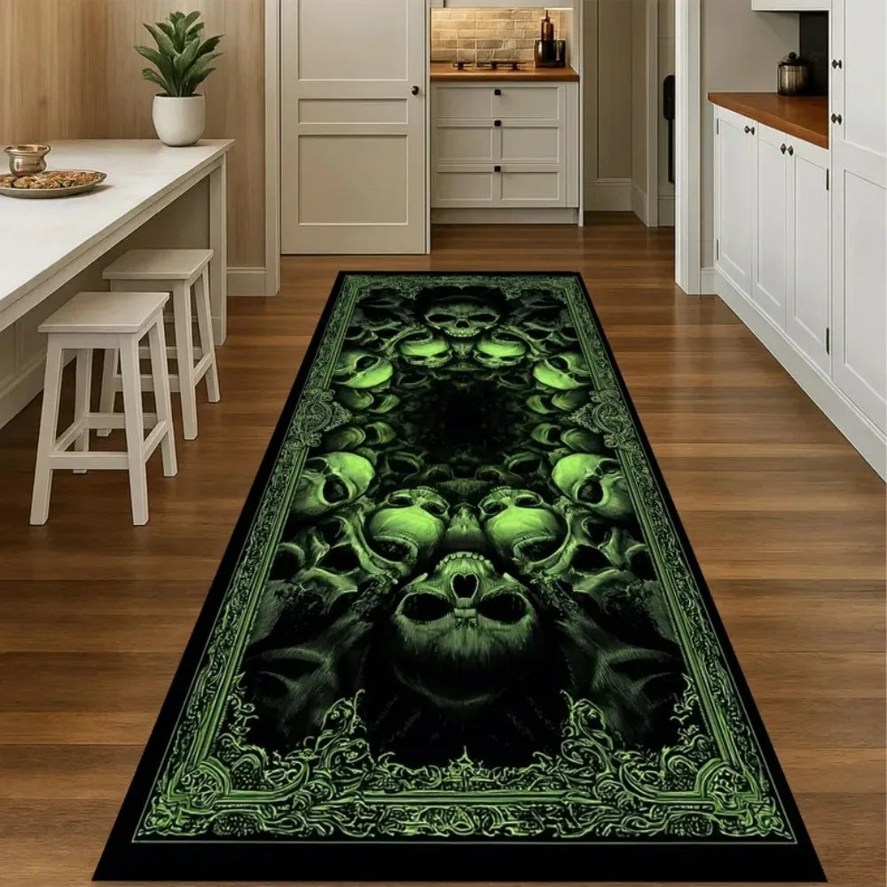 Gothic Skull Runner Rug, Dark Horror-Themed Long Hallway Carpet, Black Aesthetic Skeleton Skull Floor Mat for Bedroom or Studio