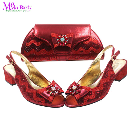 Wine Color New Arrivals High Quality Specials Design Italian Women Shoes and Bag  with Crystal for Wedding Party