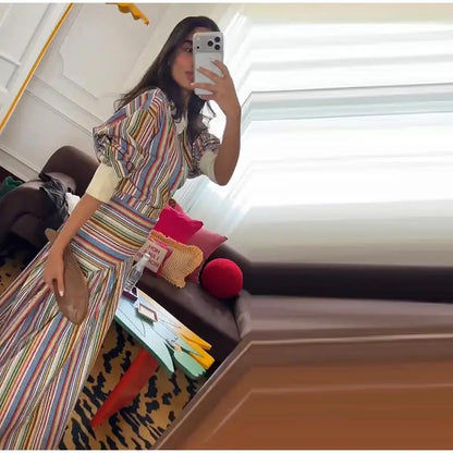 Multicolor Striped Shirt 2 Picec Set Button Front Blouse High Waist Flared Hem Maxi Skirt 2026 Summer Elegant Lady Vacation Suit