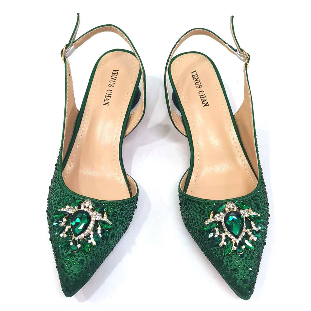 Venus Chan Royal Blue Sandals for Women 2024 Luxury Wedding Pumps Med Heels Rhinestone Design Party Shoes and Bags Set
