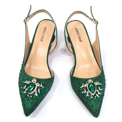 Venus Chan Royal Blue Sandals for Women 2024 Luxury Wedding Pumps Med Heels Rhinestone Design Party Shoes and Bags Set
