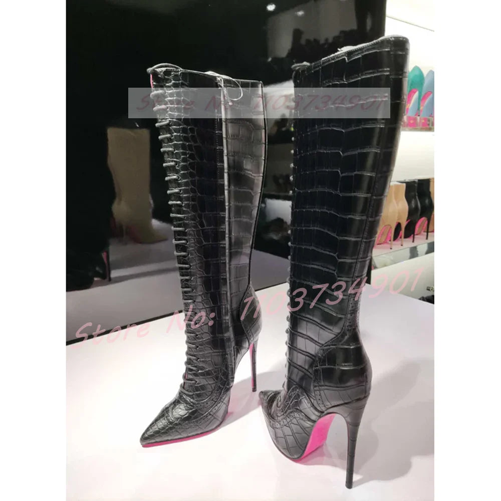 Pink Sole Zipper Knee Length Boots Women Sexy Nightclub Lace Up Pointy Toe High Heels Boots Lady Party Nifty Punk Fashion Shoes