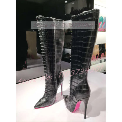 Pink Sole Zipper Knee Length Boots Women Sexy Nightclub Lace Up Pointy Toe High Heels Boots Lady Party Nifty Punk Fashion Shoes