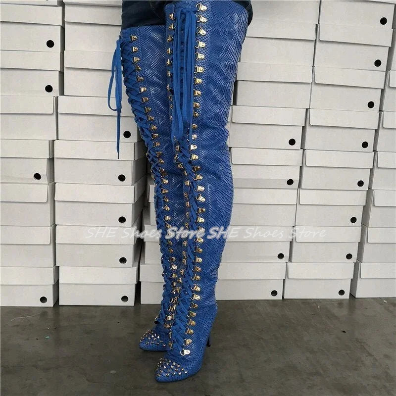 Fashion Rivets Design Women Over-The-Knee Boots Pointed Toe High Heel Trouser Lace-Up Boots Lady Party Dress Long Boots