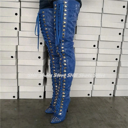 Fashion Rivets Design Women Over-The-Knee Boots Pointed Toe High Heel Trouser Lace-Up Boots Lady Party Dress Long Boots