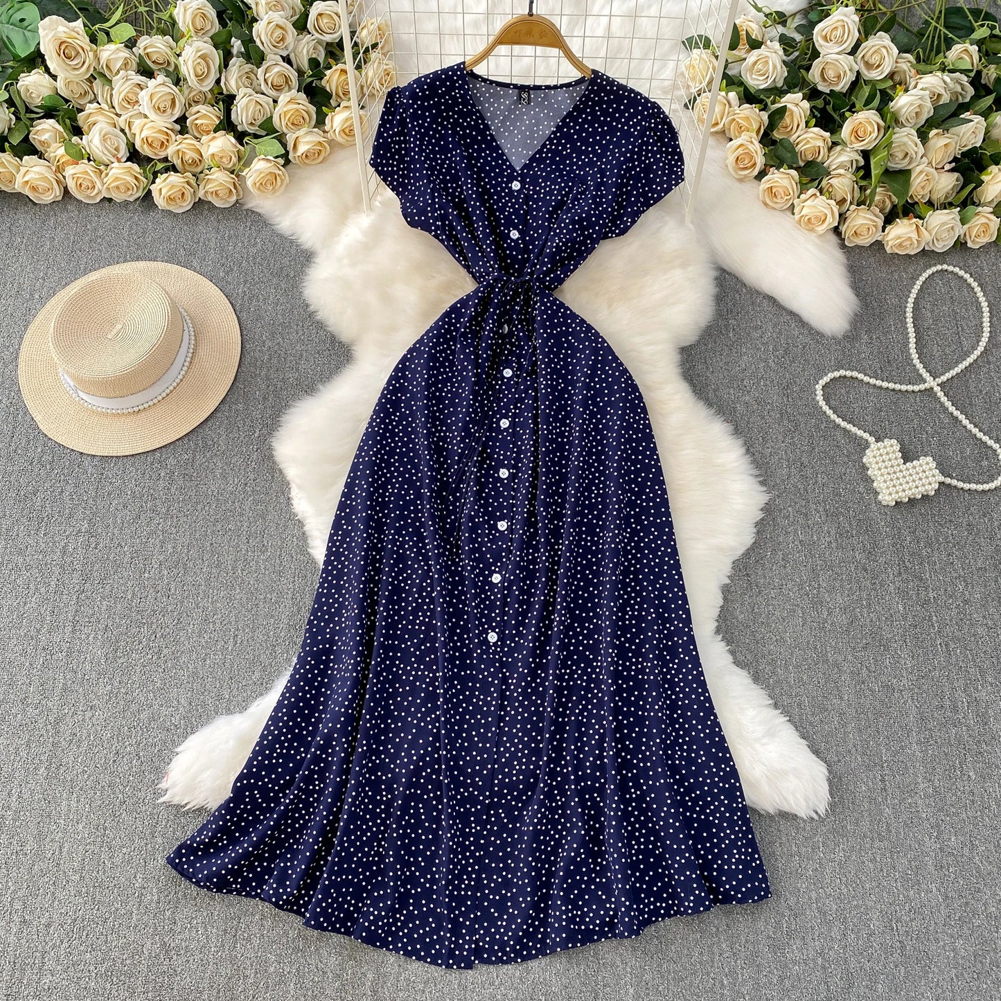 Summer Women Polka Dot Long Dress Vintage V-Neck Flying Sleeve High Waist Single Breasted A-Line Casual Vestidos Female Robe New