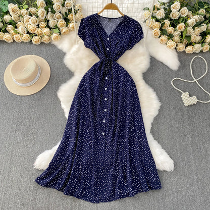 Summer Women Polka Dot Long Dress Vintage V-Neck Flying Sleeve High Waist Single Breasted A-Line Casual Vestidos Female Robe New