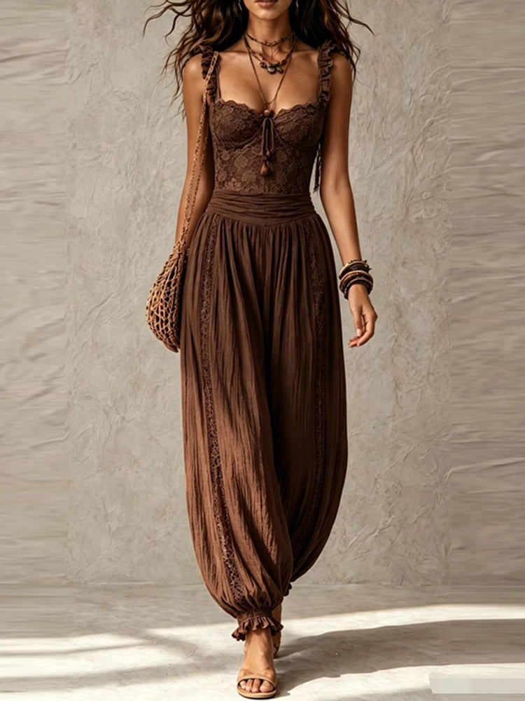 Women Elegant Ruffle Waist Solid Playsuit Overalls Casual Sleeveless Long Romper Sexy V-neck Lace Trim Spaghetti Strap Jumpsuits