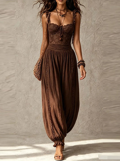 Women Elegant Ruffle Waist Solid Playsuit Overalls Casual Sleeveless Long Romper Sexy V-neck Lace Trim Spaghetti Strap Jumpsuits