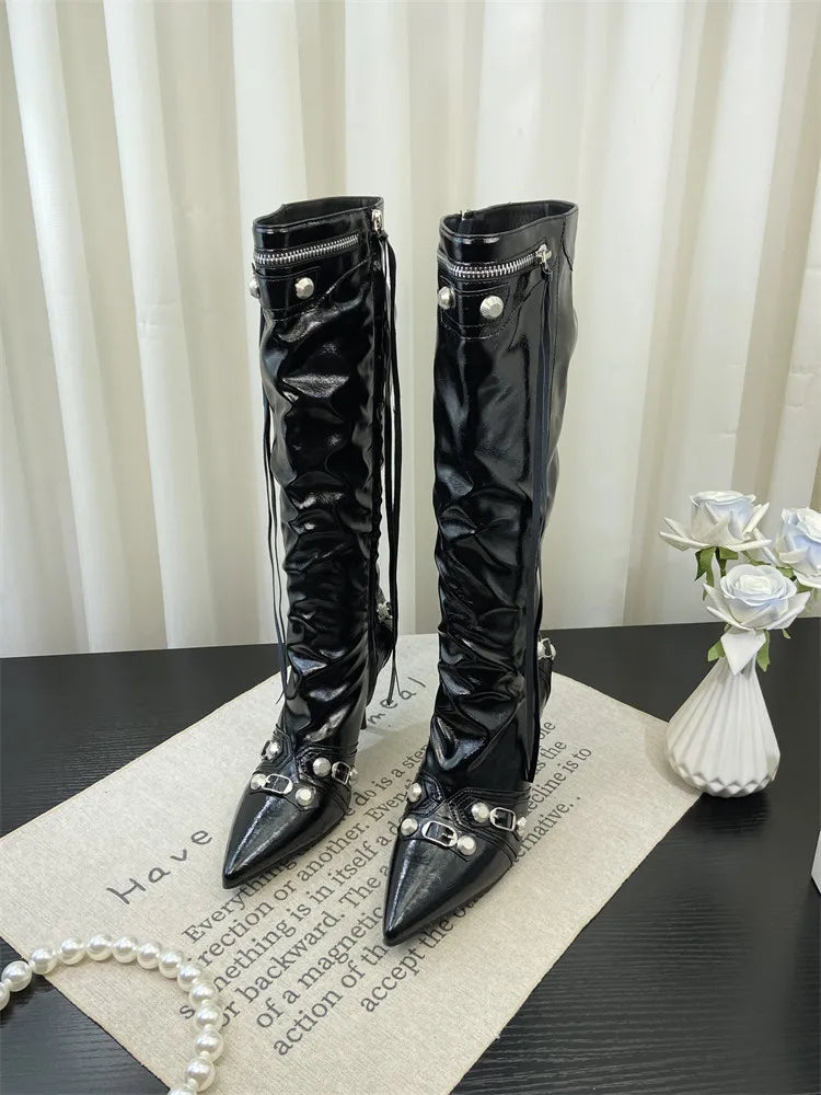 ZAROY Thin High Heels Knee-high Boots Women Winter Shoes Designer Tassels Rivet Side Zippers Sexy Pointed Toe Punk Long Booties