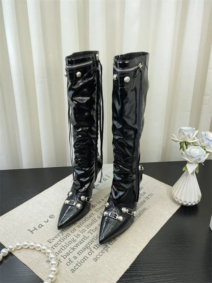 ZAROY Thin High Heels Knee-high Boots Women Winter Shoes Designer Tassels Rivet Side Zippers Sexy Pointed Toe Punk Long Booties