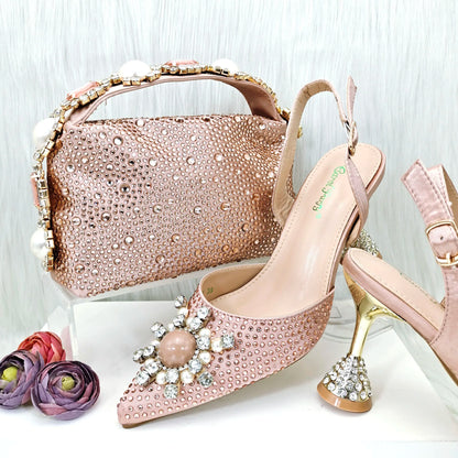 QSGFC 2023 New Fashion Purple Sandals Sequins Rhinestone Point Toe High Heels Slingback Women's Dress Women's Shoes & Bag Set