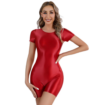 Women's Swimsuit One Piece Swimwear Oil Glossy Stretchy Gym Fitness Long Sleeve Round Neck Tights Leotard Bodysuit Clubwear