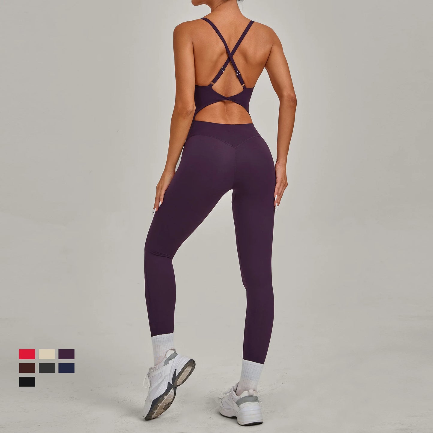 New Nylon Pad V-Neck Wrap Yoga Bodysuit - Adjustable Hook Tummy Control Butt Lift Workout Jumpsuit