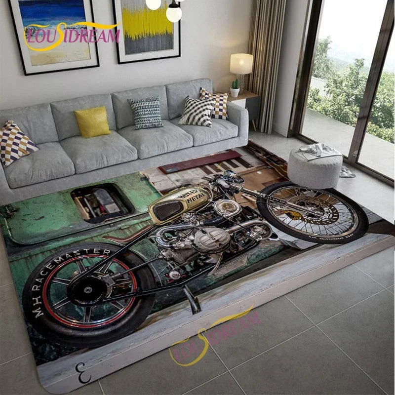 Retro Motorcycle Area Rug Carpet Moto Fans Non-slip Large Door Step Mat Bathmat for Living Room Bedroom Entrance Home Decoration