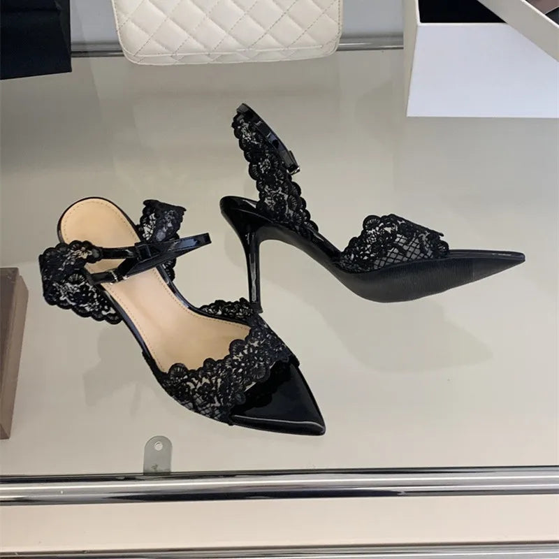 Luxury Lace Embroidery Ankle Strap Buckle Women Gladiator Sandals Elegant Thin High heels Summer Fashion Party Wedding Shoes