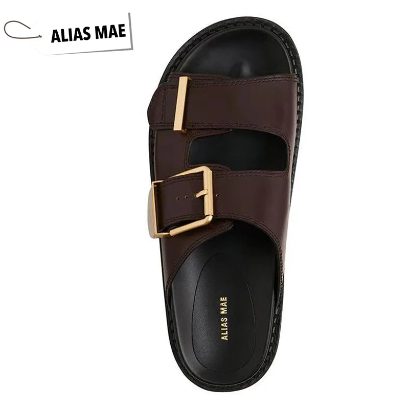 ALIAS MAE Women's Genuine Leather Double-Strap Slippers Vintage Gold Buckle Streetwear Beach Sandals Minimalist Luxury Style