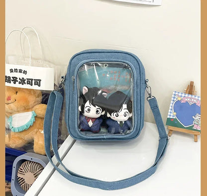 New Denim Ulzzang Ita Bags Female Transparent Badge Doll Show Crossbody Shoulder Bag Individuality Designer 2 Sides Bolso Mujer