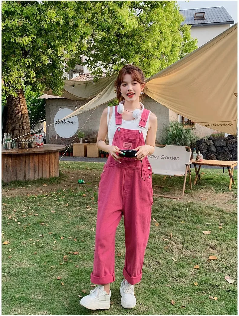 Vintage Pink Denim Overalls Adjustable Strap Wide Leg Jumpsuit Y2K Cute Campus Casual Pants