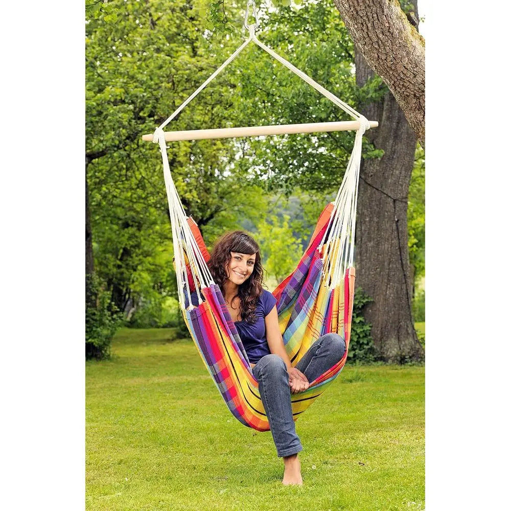 Brazilian-Made Rainbow Hammock Chair: Cotton-Polyester Blend, Suitable for Indoor and Outdoor Use, Supports Up to 240lbs