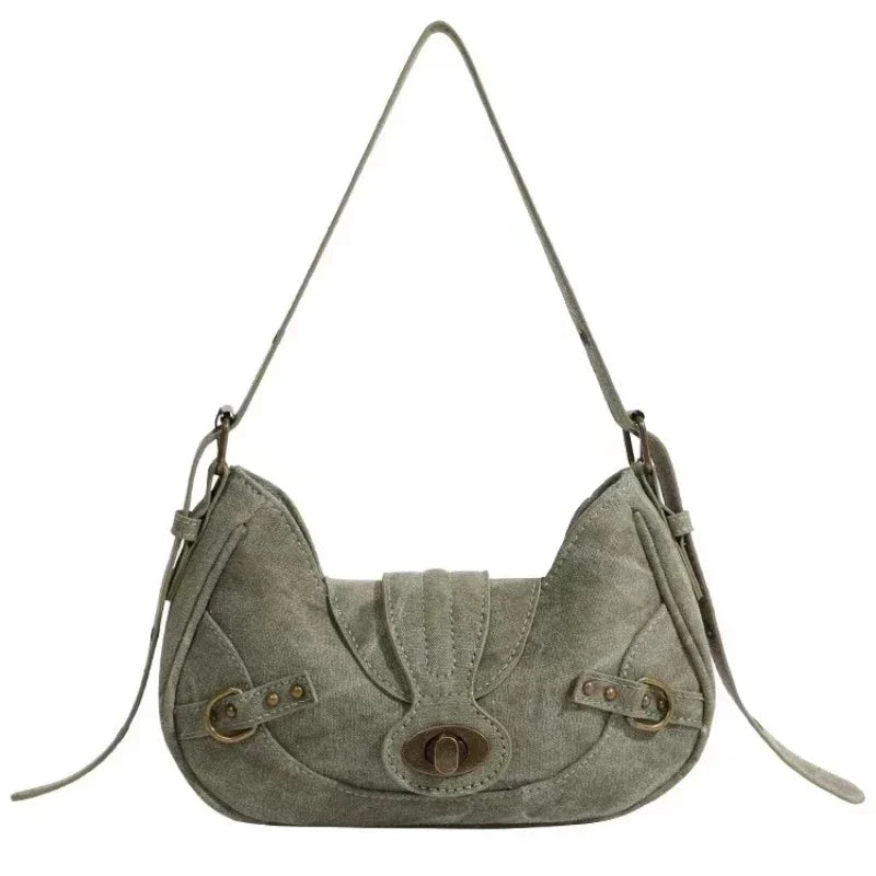 Y2k Vintage Shoulder Bag American Street Style Rivets Green Canvas Handbag Gothic Punk Biker Cool Designers Underarm Bag Handbag