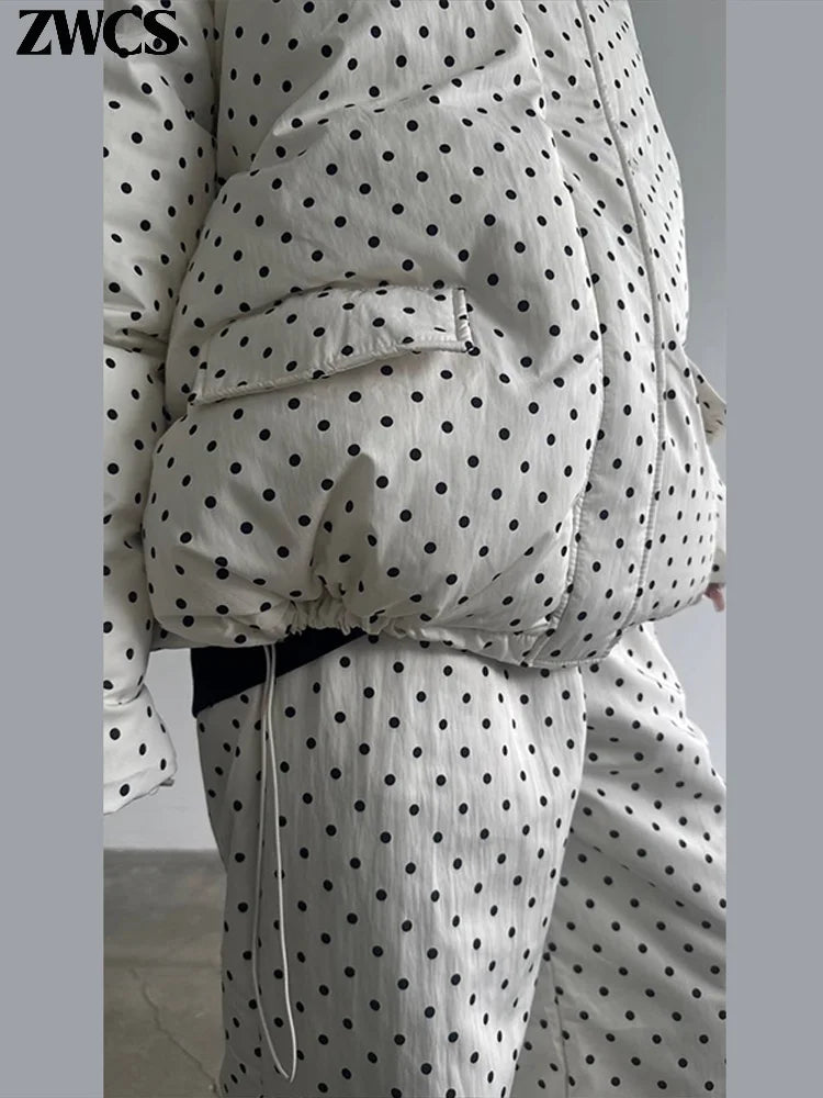 Polka Dots Hooded Cotton Coats Trousers Set 2026 Winter Loose Zippers Drawstring Jacket Elastic Waist Pants Women's Warm Outfits